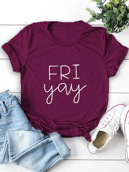 Crew Neck Casual Cotton-Blend T-shirt, Wine red, Tees & T-shirts