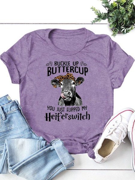 

Cartoon Casual Cotton-Blend Crew Neck Tee Shirts & Tops, Light purple, Winter Clearance