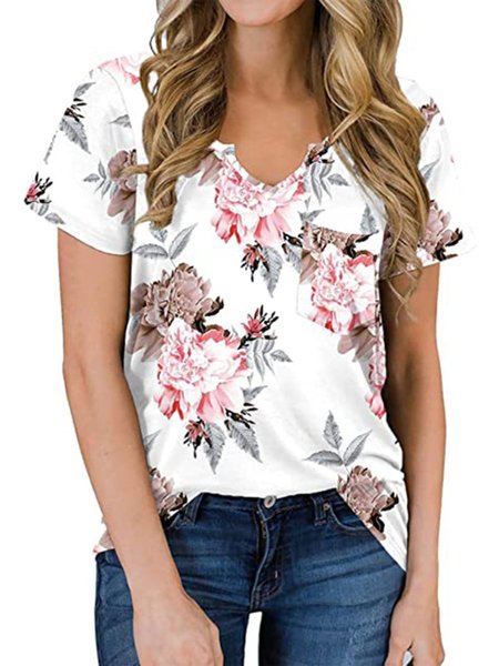 

Vintage Floral Printed Plus Size Short Sleeve V Neck Casual Tops, White, Blouses & Shirts