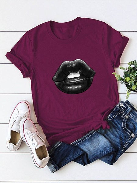 

Crew Neck Casual Short Sleeve Shirts & Tops, Wine red, Tops