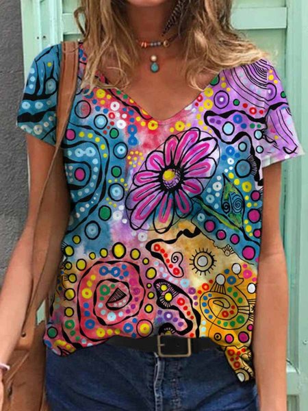

Colorful Abstract Flower Print T-shirt, Multicolor, T-Shirts