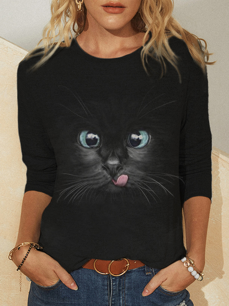 

Cat Moon Printed Long Sleeve O-neck Casual T-shirt, Black, Tops