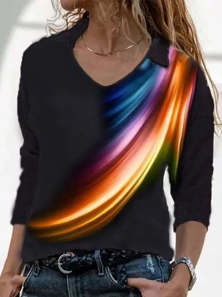 

Camicetta Multicolore Casuale Scollo a V Maniche Lunghe, Nero, T-Shirts