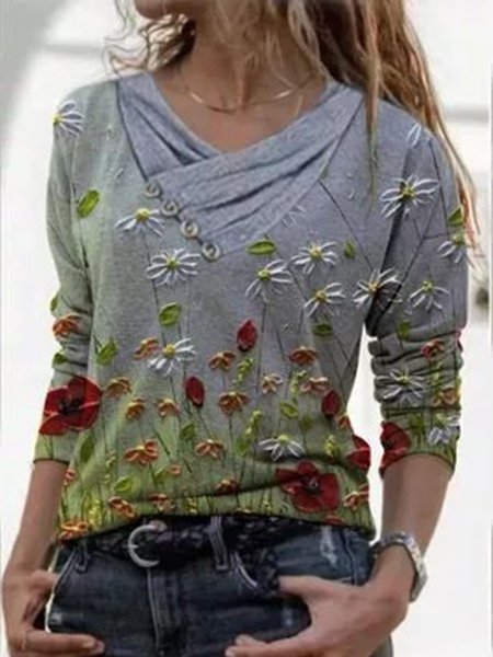 

Floral Casual V-Neckline Long Sleeve Blouses, Gray, Auto-clearance
