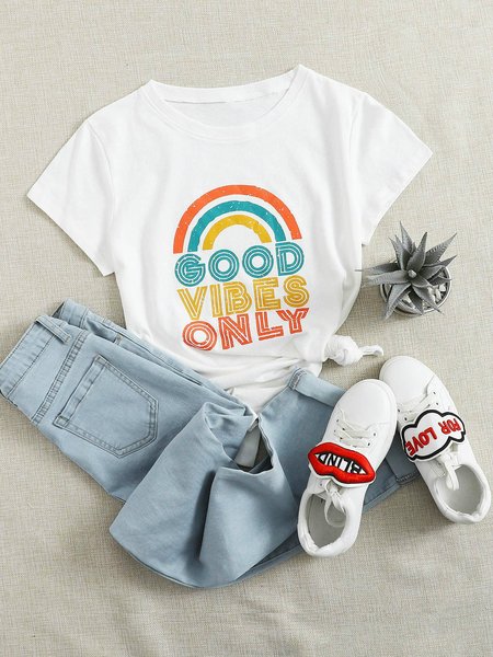 

Casual Crew Neck Cotton-Blend T-shirt, White, Tees & T-shirts