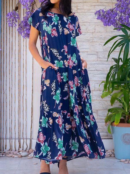 

Floral Short Sleeve Casual Weaving Dress, Navy blue, Floral Dresses