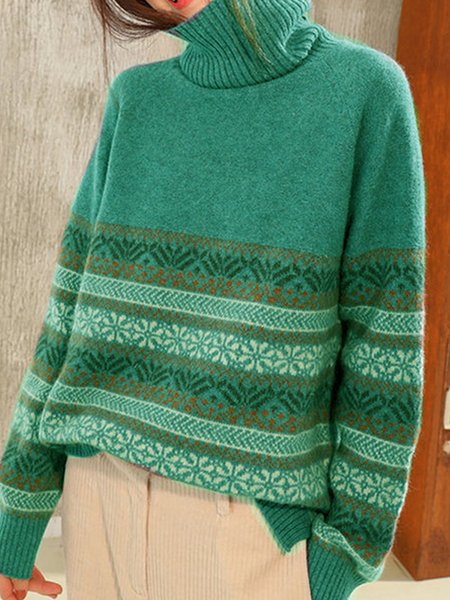 

Tribal style thickened loose languid jacquard knit knit bottom sweater, Green, Sweaters