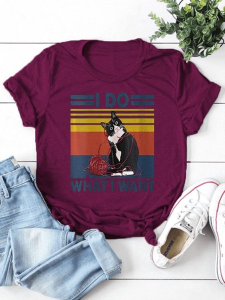 

Crew Neck Short Sleeve Cotton T-shirt, Wine red, Tops