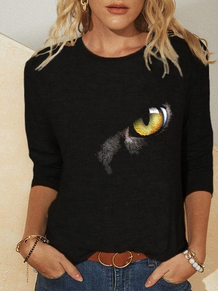 

Cartoon Cat Print O-neck Long Sleeves Casual T-shirt, Black, Tees & T-shirts