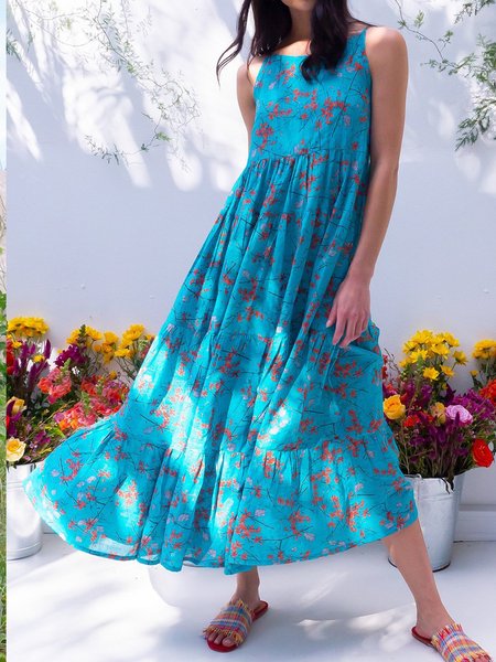 

Boho Cold Shoulder Cotton-Blend Floral Weaving Dress, Blue, Casual Dresses