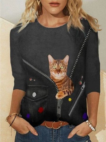 

Cat Zipper Print Crewneck Plus Size T-shirt, Black, Long sleeve tops