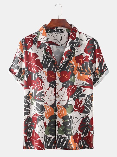 

Men's Basic Printed Palm Leaf Shirts, Red, Men's Floral shirt