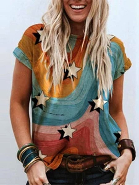 

Round neck star print short sleeve T-shirt, Multicolor, Tops