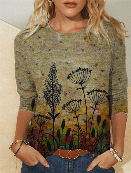 

O-Neck Casual Cotton-Blend Floral-Print T-Shirts, Khaki, Tops