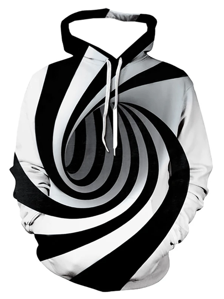 3D Black And White Striped Swirl Graphic Plus Size Hooded Sweatshirt, Black white, Men