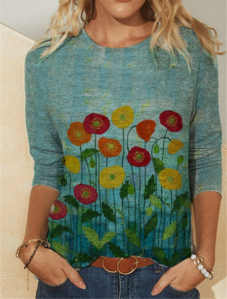 

Floral-Print Floral Long Sleeve Casual T-Shirts, Blue, Tops