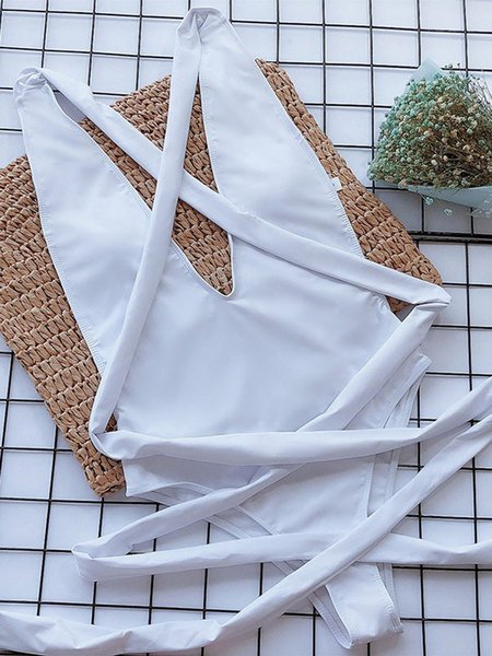 

Pure Color Lace Sexy Deep V Backless One-piece Swimsuit, White, One-pieces