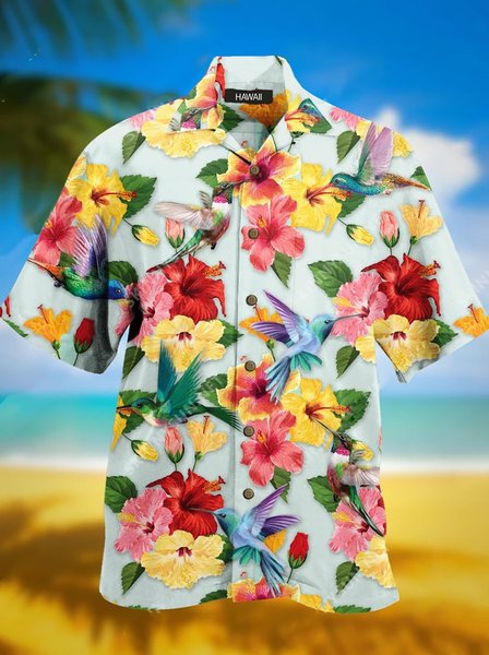 

Shirt Collar Cotton-Blend Floral Shirts, Light blue, Shirts ＆ Blouse
