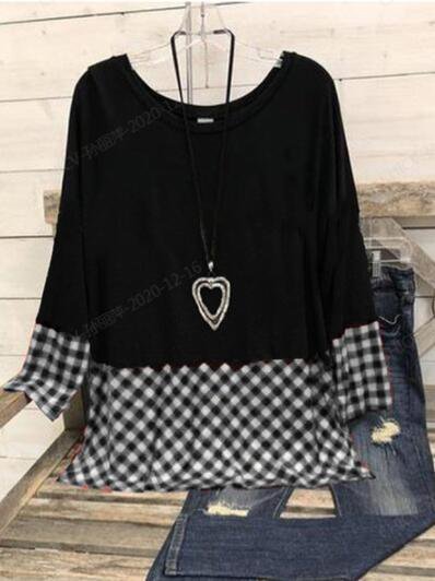 

Round Neck Cotton-Blend Paneled Long Sleeve Tops, White, Tops