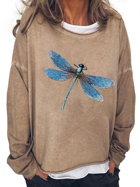

Dragon-fly Print Cotton Crew Neck Long Sleeve Shirts, Khaki, Tops