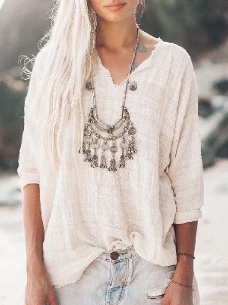 

Casual V neck Long Sleeve Solid Tops, Apricot, Blouses & Shirts