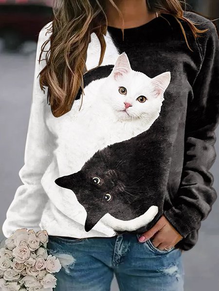 

Women YinYan Cat Crew Neck Cotton-Blend Casual Sweatshirt, Black, Sweatshirts & Hoodies