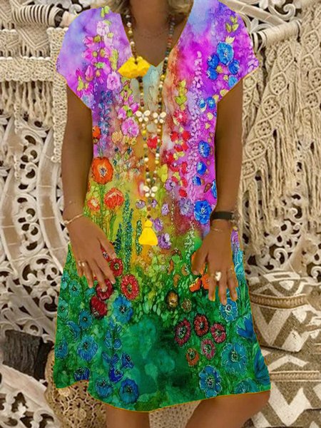 

Maniche Corte Scollo a V Floreale Gonna Casuale, Multicolore, Dresses