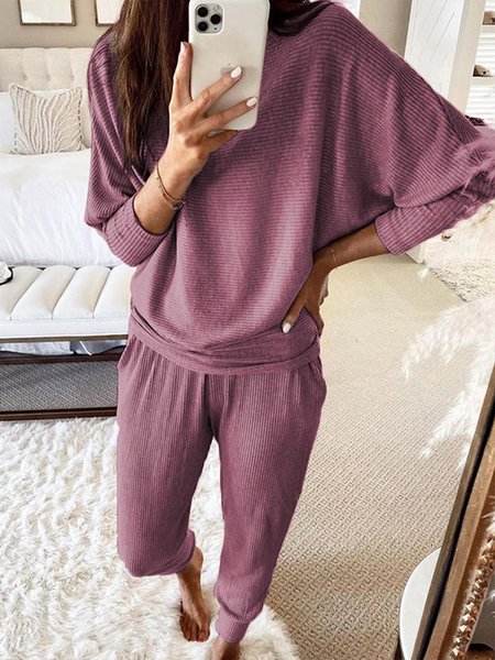 

Casual Long Sleeve Crew Neck Sleepwear & Loungewear, Purple, Two-piece Outfits