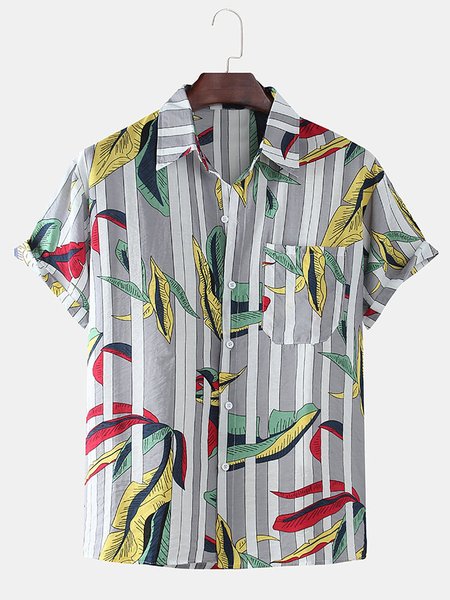 

Men's Printed Palm Leaf Shirt Collar Shirts, Gray, Men's Floral shirt