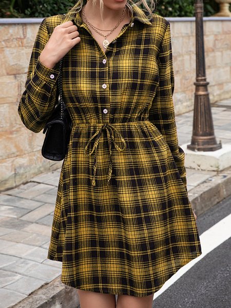 

Checkered/plaid Casual Long Sleeve Dress, Yellow, Mini Dresses