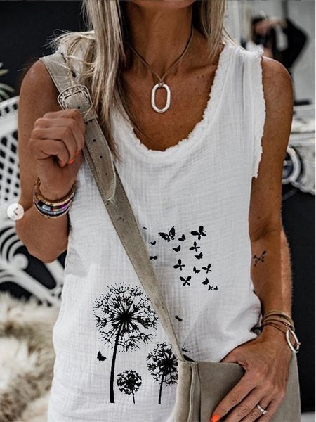 

Dandelion Butterfly Print Round Neck Sleeveless Casual Tank Tops, White, Tanks & Camis