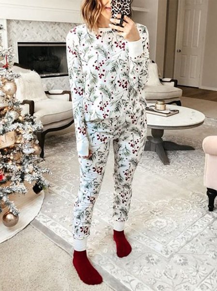 

New Women Comfortable Holiday Vintage Crew Neck Casual Suits, White, Two-piece Outfits
