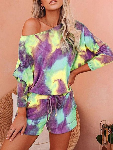 

Casual tie-dye sweater + shorts suit/home office home service, Purple, Jumpsuits