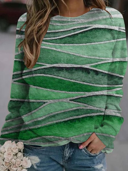 

Felpa Casuale Maniche Lunghe Onda Stampato, Verde, T-Shirts