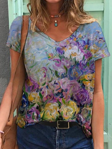

Flower Oil Painting Print T-shirt, Purple, T-Shirts