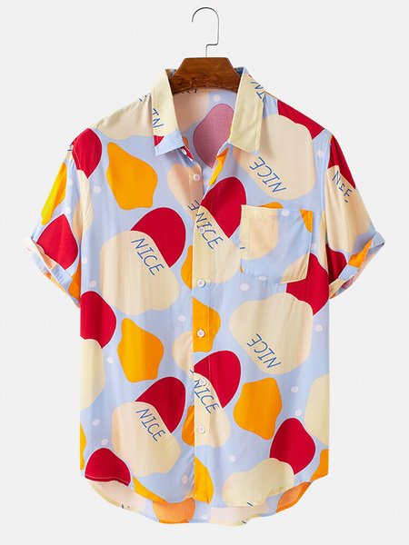 

Men's Shirt Collar Printed Colorblock Shirts, Blue, Short Sleeves Shirts