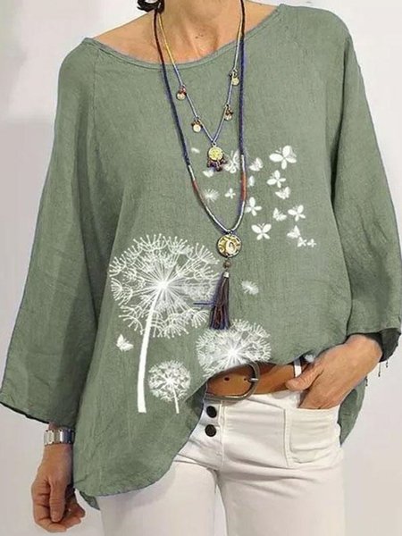 

Camicie & Top Vintage Dente di leone Stampato 3/4 Manica Girocollo Casuale, Verde chiaro, T-Shirts