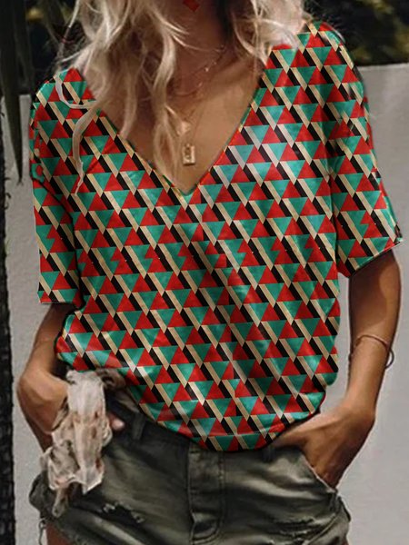 

Abstract Printed V Neck Shirts, As picture, Tees & T-shirts