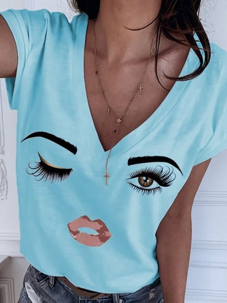 

V Neck Shift Short Sleeve Simple Shirts & Tops, Sky blue, Tops