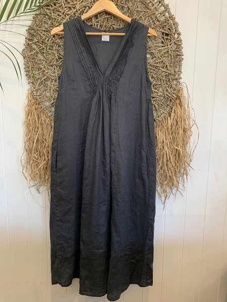 

V Neck Sleeveless Linen Weaving Dress, Black, Casual Dresses