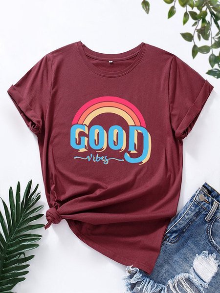 

Crew Neck Casual Short Sleeve Shirts & Tops, Wine red, Tops