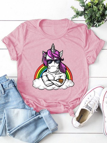 

Cotton-Blend Casual Crew Neck T-shirt, Pink, T-Shirts