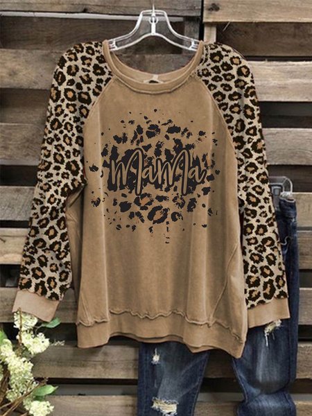 Long Sleeve Casual Crew Neck Leopard Shirts & Tops, Khaki, Tops