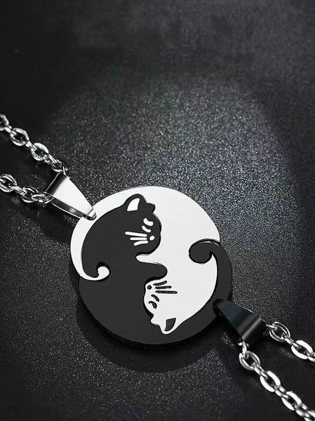 

Love cat couple stitching necklace, White-black, Accessories