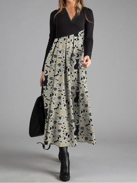 

Skull print cat cat animal stitching Casual A-Line Animal Long Sleeve Knitting Dress, Black, Dresses