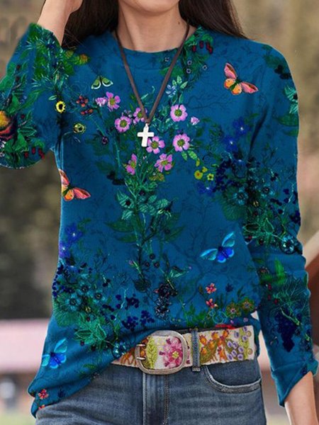 

Cotton-Blend Long Sleeve Vintage Floral-Print Shirts & Tops, Blue, Tops