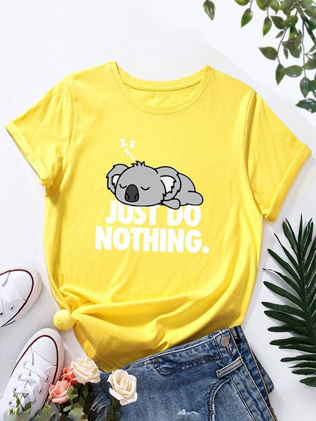 

Crew Neck Cotton Casual T-shirt, Yellow, Tops