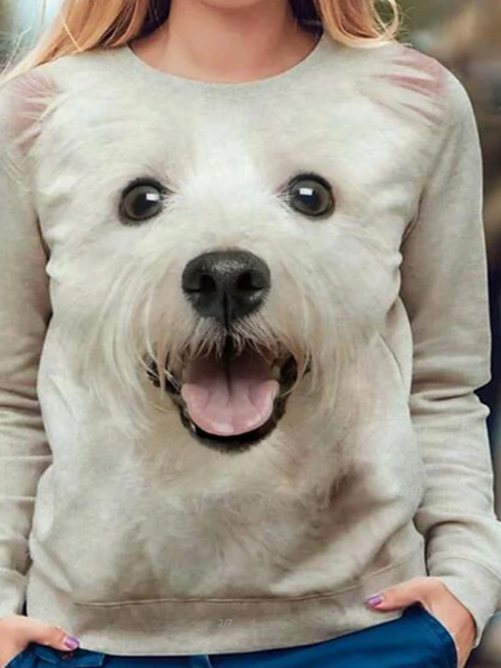 

Dog Animal Casual Cotton-Blend Long Sleeve Top, White, Long sleeve tops