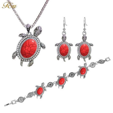 

Trendy little turtle metal three-piece suit necklace ear-stud bracelet, Red, Jewelry