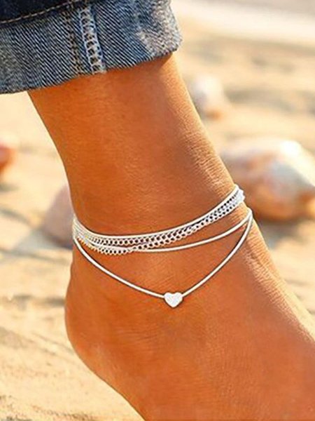 

JFN Bohemian heart-shaped peach heart double-layer chain foot ornament, Silver, Anklets